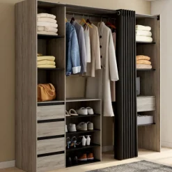 Dressing XXL extensible 120/180 cm en hêtre avec penderie, étagères et tiroirs