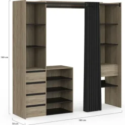Dressing XXL extensible 120/180 cm en hêtre avec penderie, étagères et tiroirs