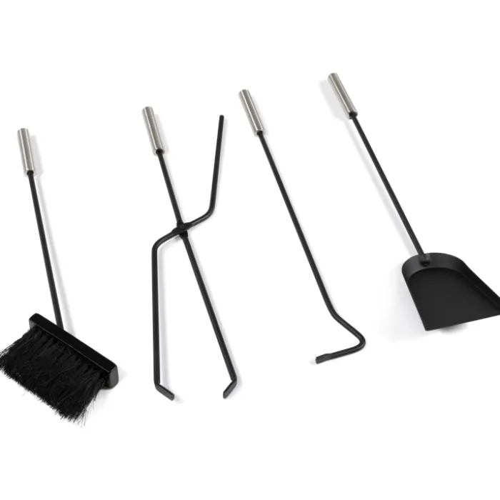 Ensemble d'accessoires de cheminée noir inox avec support