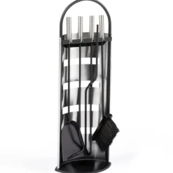 Ensemble d'accessoires de cheminée noir inox avec support