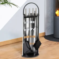 Ensemble d'accessoires de cheminée noir inox avec support