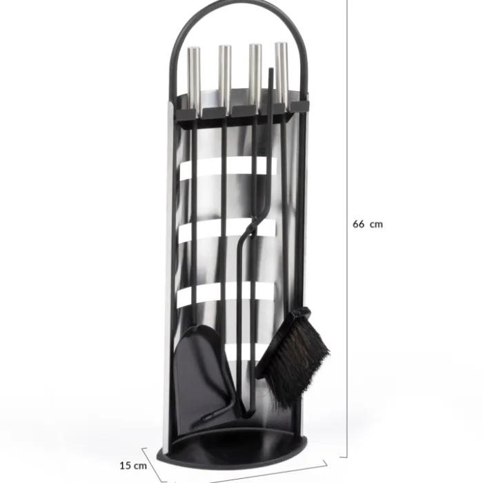 Ensemble d'accessoires de cheminée noir inox avec support