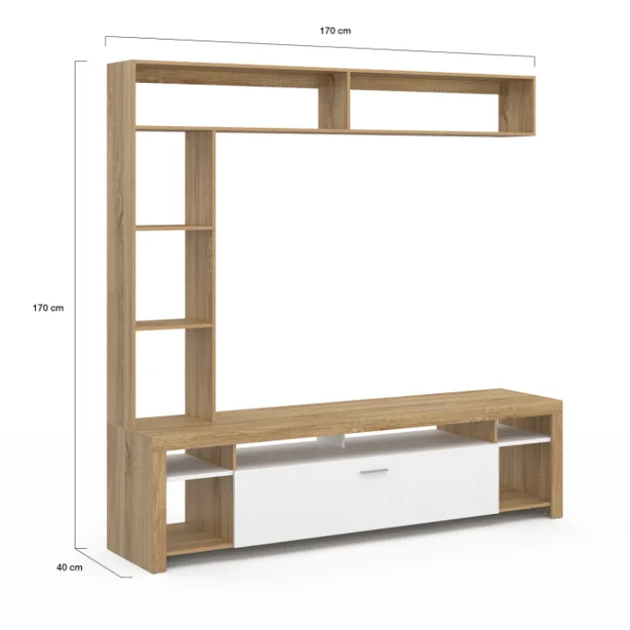 Ensemble meuble télé 170 cm avec étagères bois et placard blanc