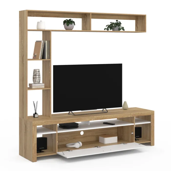 Ensemble meuble télé 170 cm avec étagères bois et placard blanc