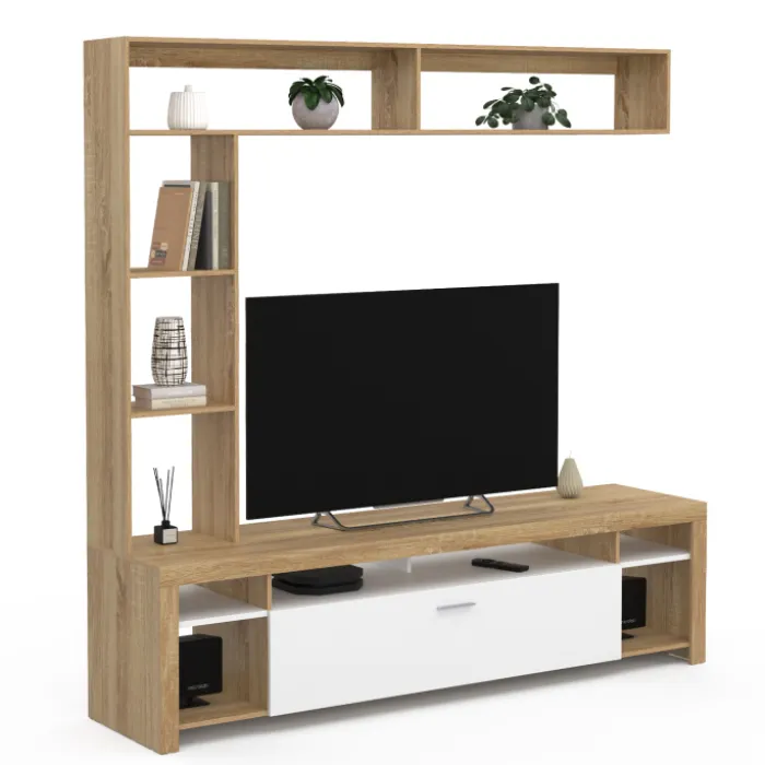 Ensemble meuble télé 170 cm avec étagères bois et placard blanc