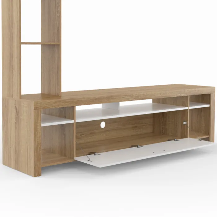 Ensemble meuble télé 170 cm avec étagères bois et placard blanc