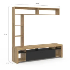 Ensemble meuble télé de 170 cm avec des étagères en bois et un placard noir