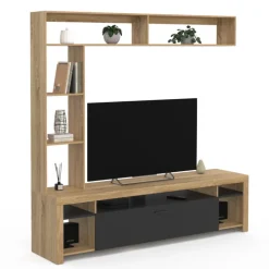 Ensemble meuble télé de 170 cm avec des étagères en bois et un placard noir