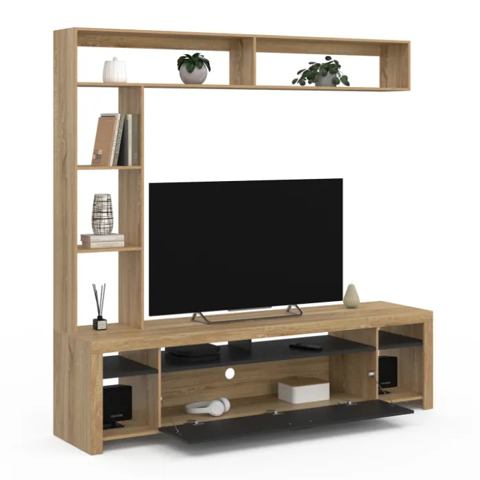 Ensemble meuble télé de 170 cm avec des étagères en bois et un placard noir