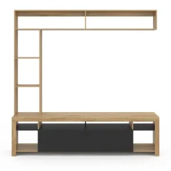 Ensemble meuble télé de 170 cm avec des étagères en bois et un placard noir