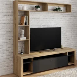 Ensemble meuble télé de 170 cm avec des étagères en bois et un placard noir