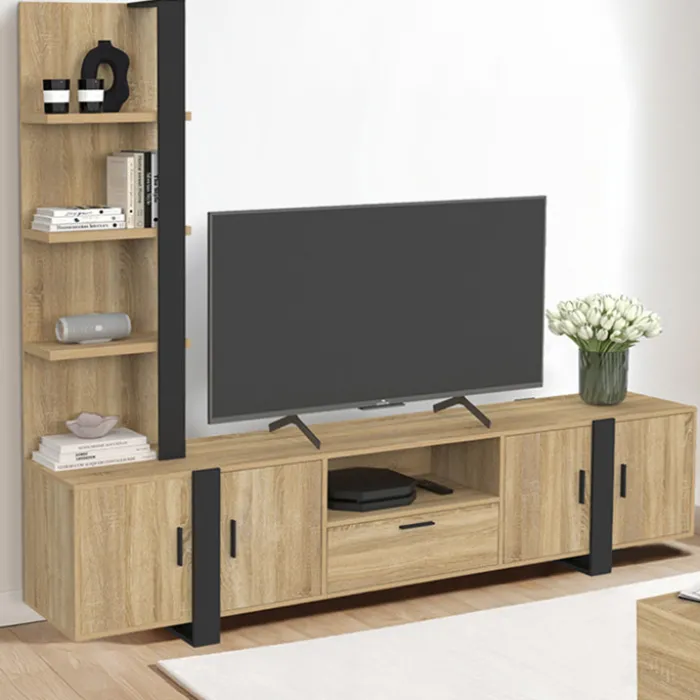 Ensemble meuble TV avec étagères et placard 200 cm bois et noir