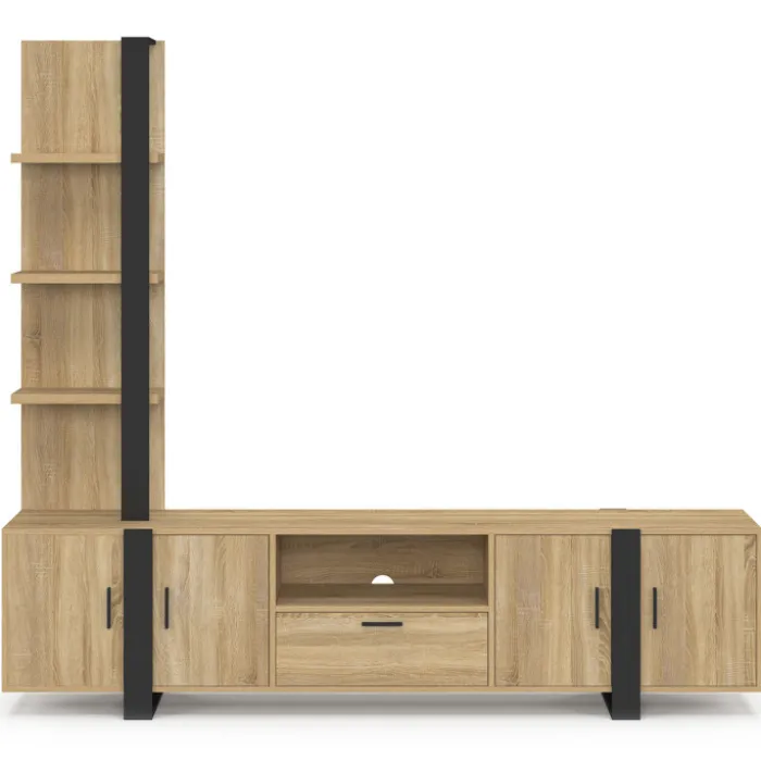 Ensemble meuble TV avec étagères et placard 200 cm bois et noir