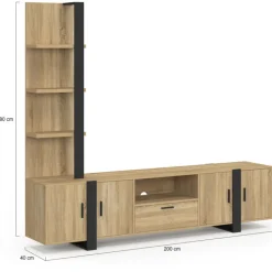 Ensemble meuble TV avec étagères et placard 200 cm bois et noir