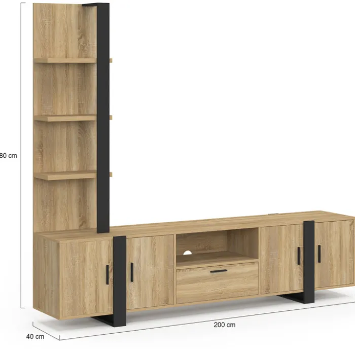 Ensemble meuble TV avec étagères et placard 200 cm bois et noir