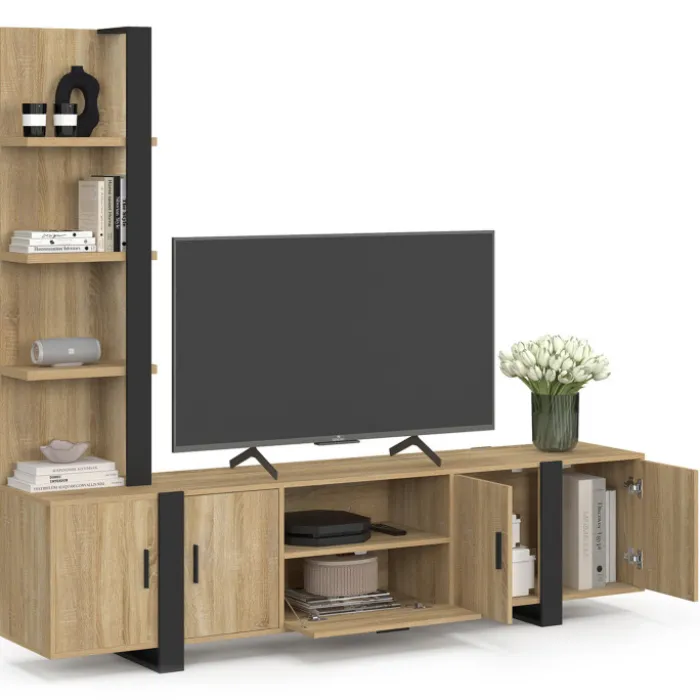 Ensemble meuble TV avec étagères et placard 200 cm bois et noir