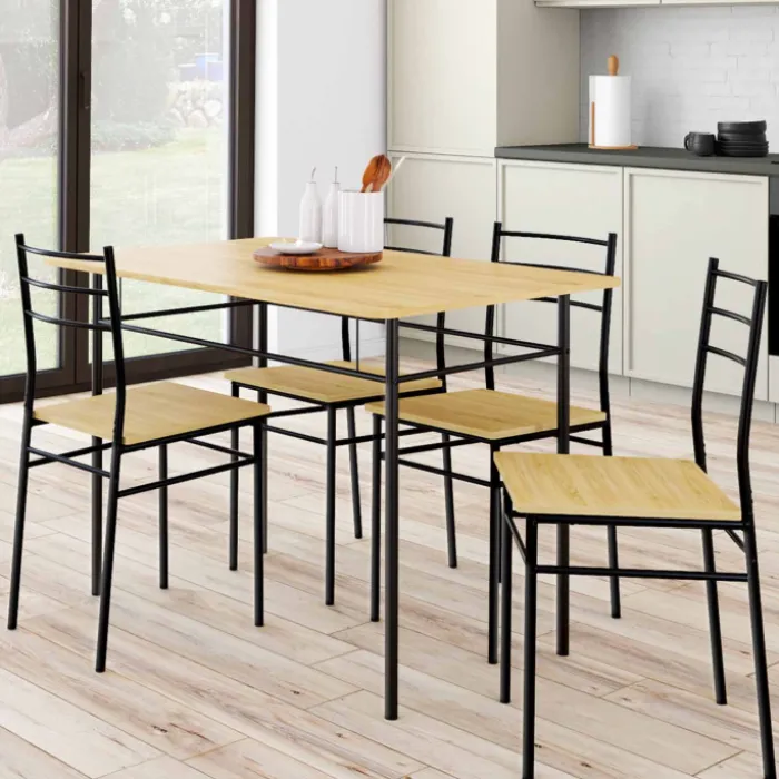 Ensemble table à manger + 4 chaises métal noir et bois