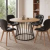 Ensemble table à manger extensible ronde plateau bois et pied filaire en métal 110-150 cm et 4 chaises en PU noires