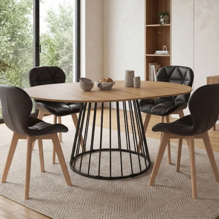 Ensemble table à manger extensible ronde plateau bois et pied filaire en métal 110-150 cm et 4 chaises en PU noires