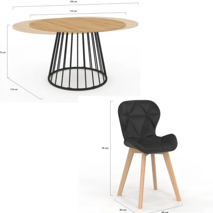 Ensemble table à manger extensible ronde plateau bois et pied filaire en métal 110-150 cm et 4 chaises en PU noires