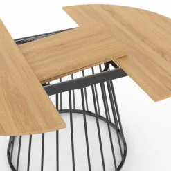 Ensemble table à manger extensible ronde plateau bois et pied filaire en métal 110-150 cm et 4 chaises en PU noires