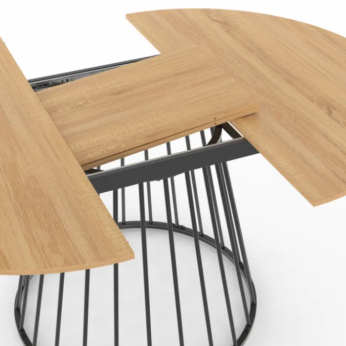 Ensemble table à manger extensible ronde plateau bois et pied filaire en métal 110-150 cm et 4 chaises en PU noires