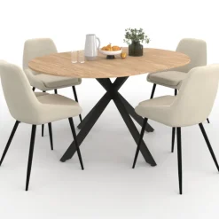 Ensemble table à manger extensible ronde bois et noir 110-150 cm et 4 chaises velours beige