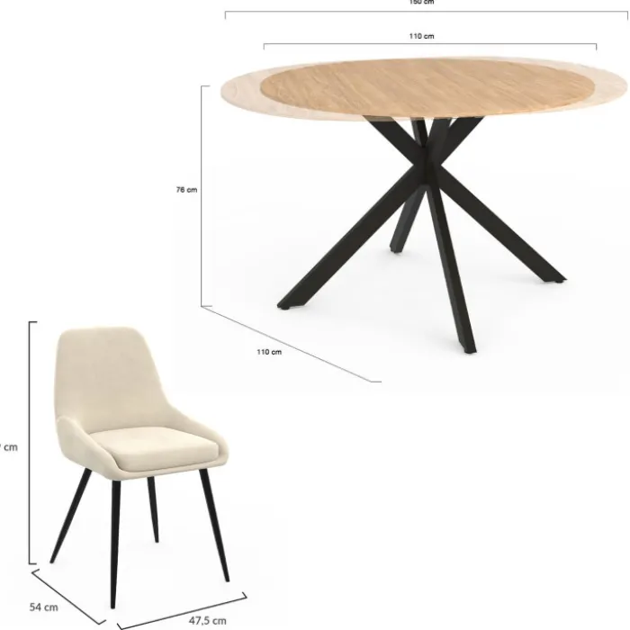 Ensemble table à manger extensible ronde bois et noir 110-150 cm et 4 chaises velours beige