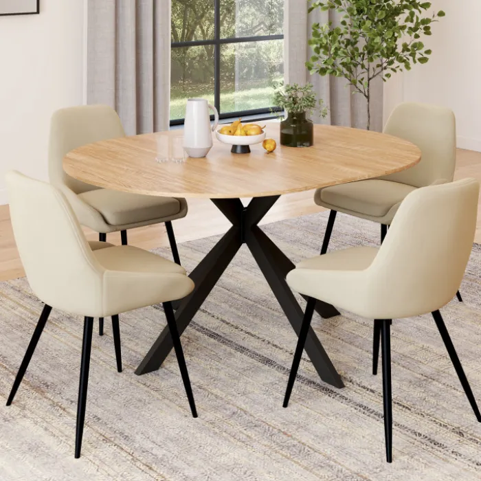 Ensemble table à manger extensible ronde bois et noir 110-150 cm et 4 chaises velours beige