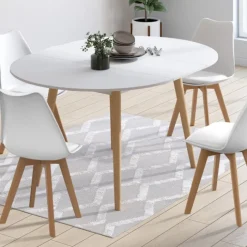 Ensemble table à manger extensible ronde blanc pied bois 110 - 150 cm et 4 chaises blanches
