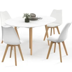 Ensemble table à manger extensible ronde blanc pied bois 110 - 150 cm et 4 chaises blanches