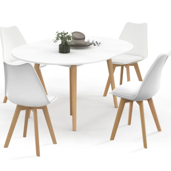 Ensemble table à manger extensible ronde blanc pied bois 110 - 150 cm et 4 chaises blanches