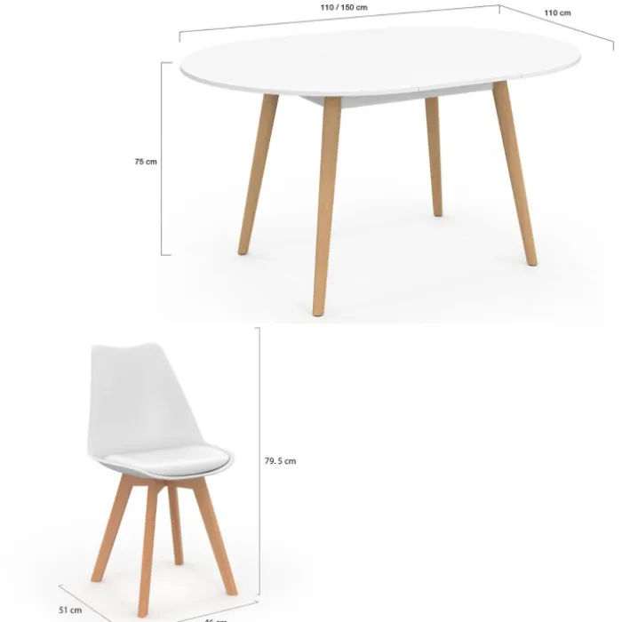 Ensemble table à manger extensible ronde blanc pied bois 110 - 150 cm et 4 chaises blanches