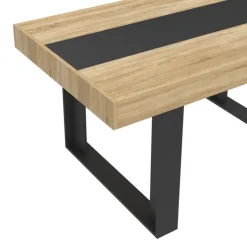 Ensemble table à manger rectangle bois et noir bande centrale noire 160 cm et 6 chaises noires bandeau blanc