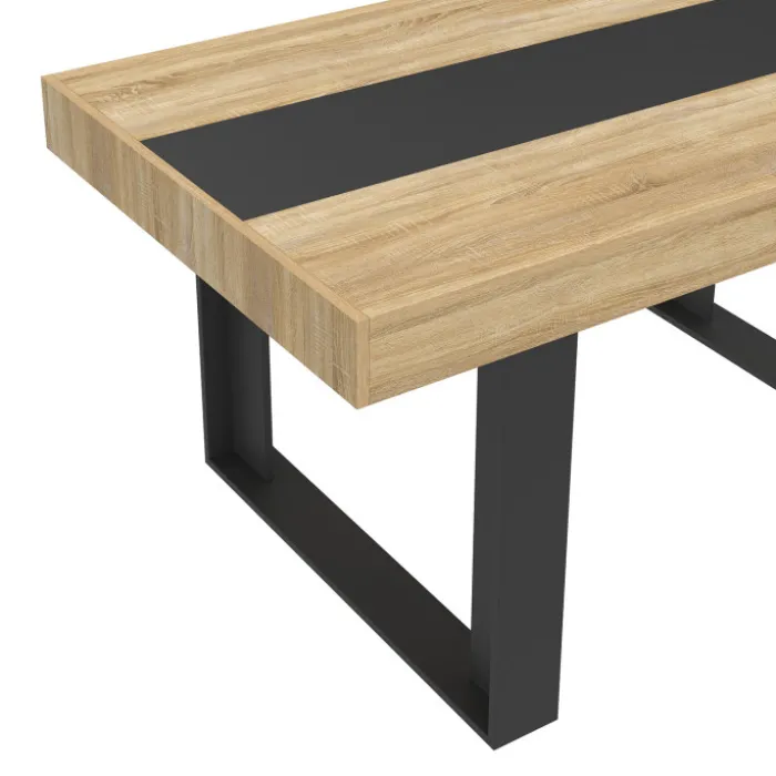 Ensemble table à manger rectangle bois et noir bande centrale noire 160 cm et 6 chaises noires bandeau blanc