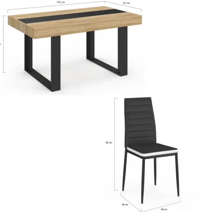 Ensemble table à manger rectangle bois et noir bande centrale noire 160 cm et 6 chaises noires bandeau blanc