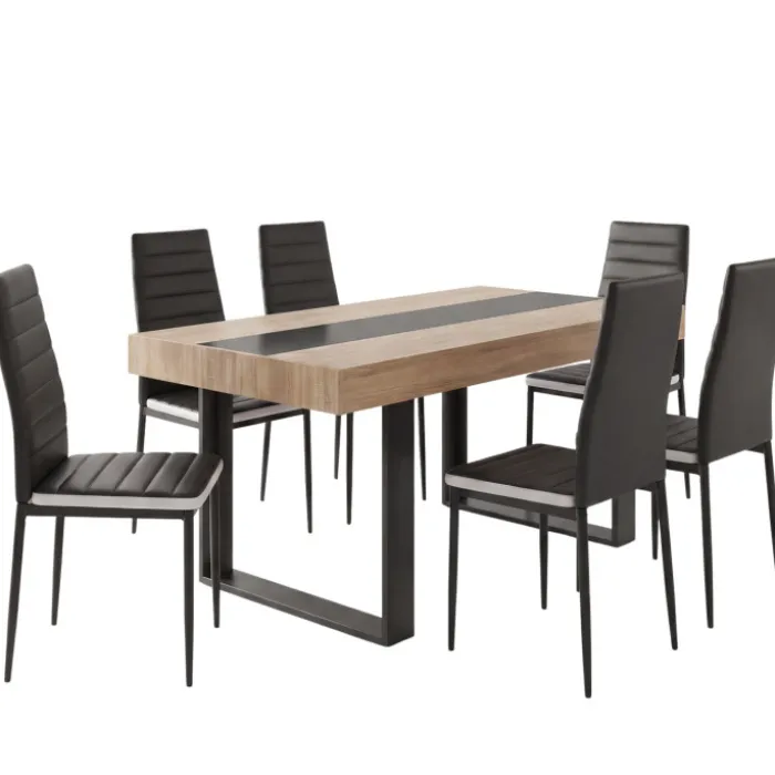 Ensemble table à manger rectangle bois et noir bande centrale noire 160 cm et 6 chaises noires bandeau blanc