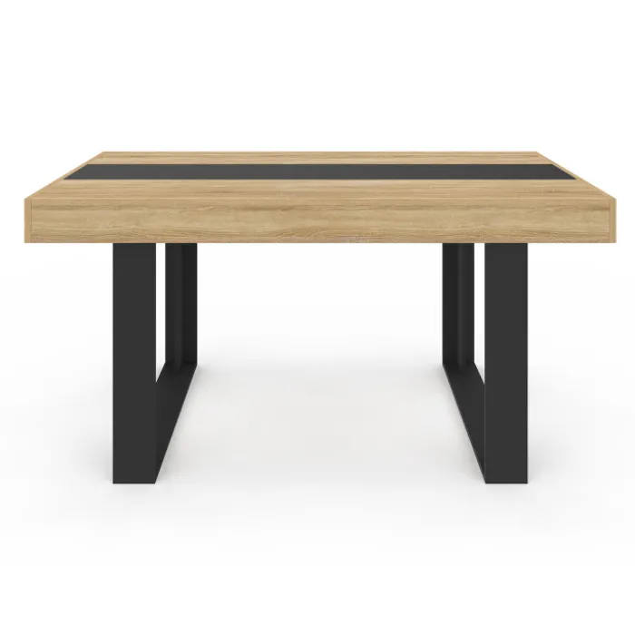 Ensemble table à manger rectangle bois et noir bande centrale noire 160 cm et 6 chaises noires bandeau blanc