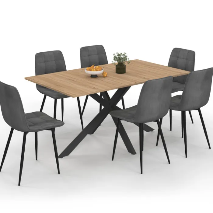 Ensemble table à manger rectangle 160 cm bois et noir et 6 chaises en velours gris foncé