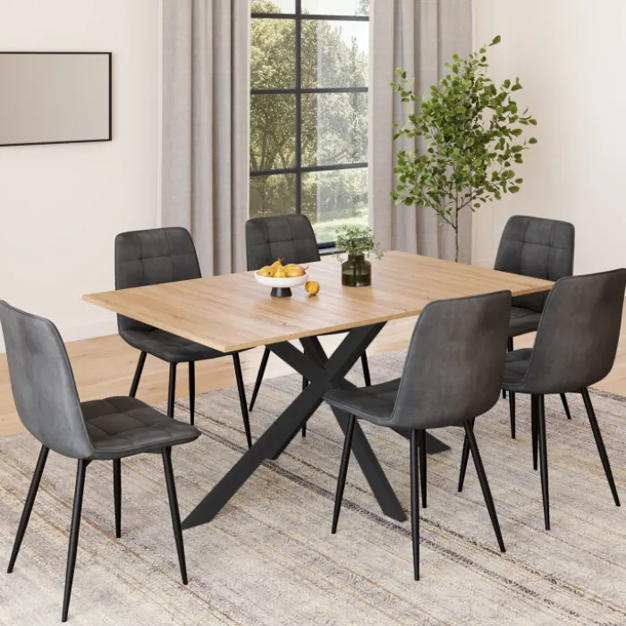 Ensemble table à manger rectangle 160 cm bois et noir et 6 chaises en velours gris foncé