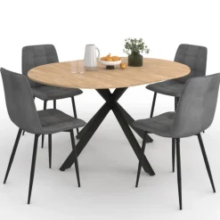 Ensemble table à manger ronde extensible 110 - 150 cm et 4 chaises en velours gris foncé