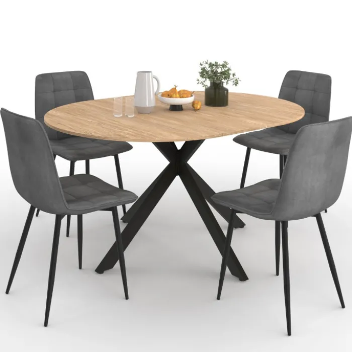 Ensemble table à manger ronde extensible 110 - 150 cm et 4 chaises en velours gris foncé