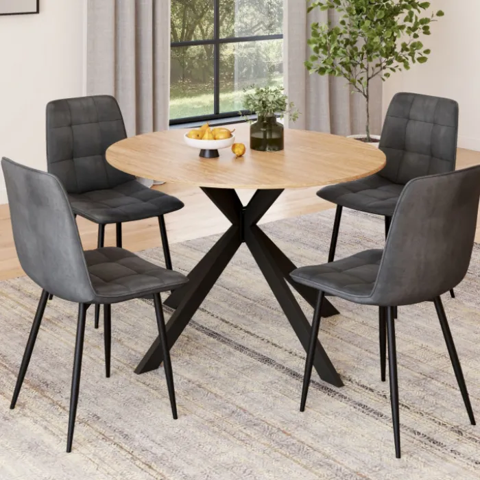 Ensemble table à manger ronde extensible 110 - 150 cm et 4 chaises en velours gris foncé