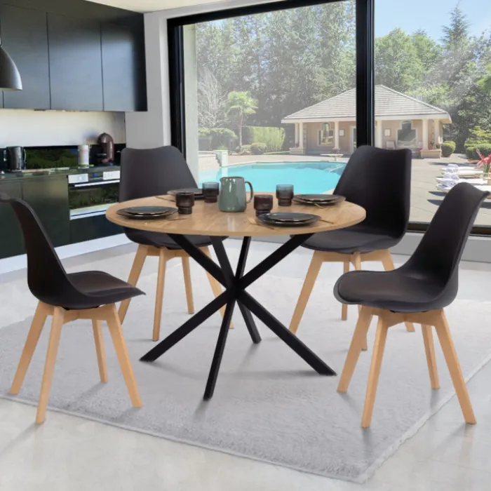 Ensemble table à manger ronde 110 cm bois et noir et 4 chaises noires