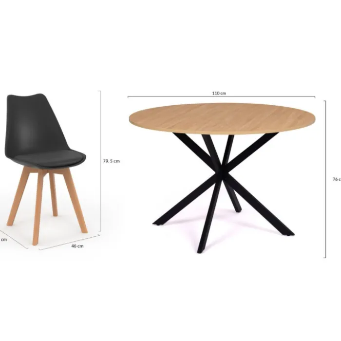 Ensemble table à manger ronde 110 cm bois et noir et 4 chaises noires