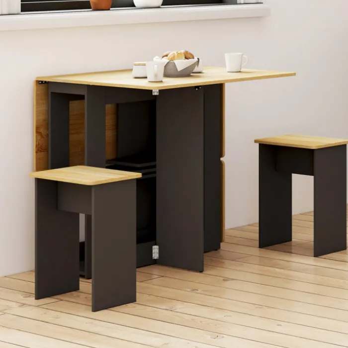 Ensemble table console pliable 2-4 personnes bois noir et plateau façon hêtre avec 4 tabourets
