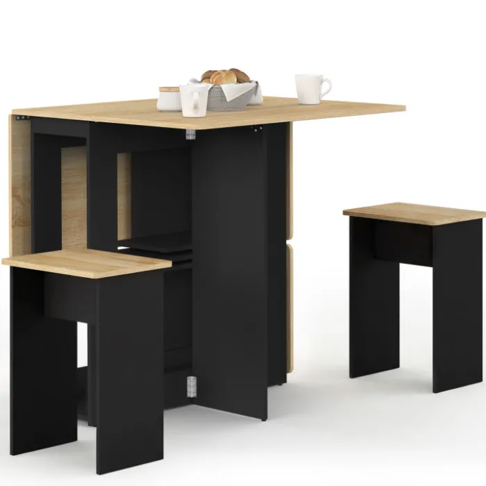 Ensemble table console pliable 2-4 personnes bois noir et plateau façon hêtre avec 4 tabourets