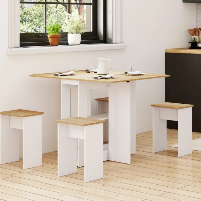Ensemble table console pliable 2-4 personnes bois blanc et plateau façon hêtre avec 4 tabourets