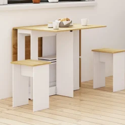 Ensemble table console pliable 2-4 personnes bois blanc et plateau façon hêtre avec 4 tabourets
