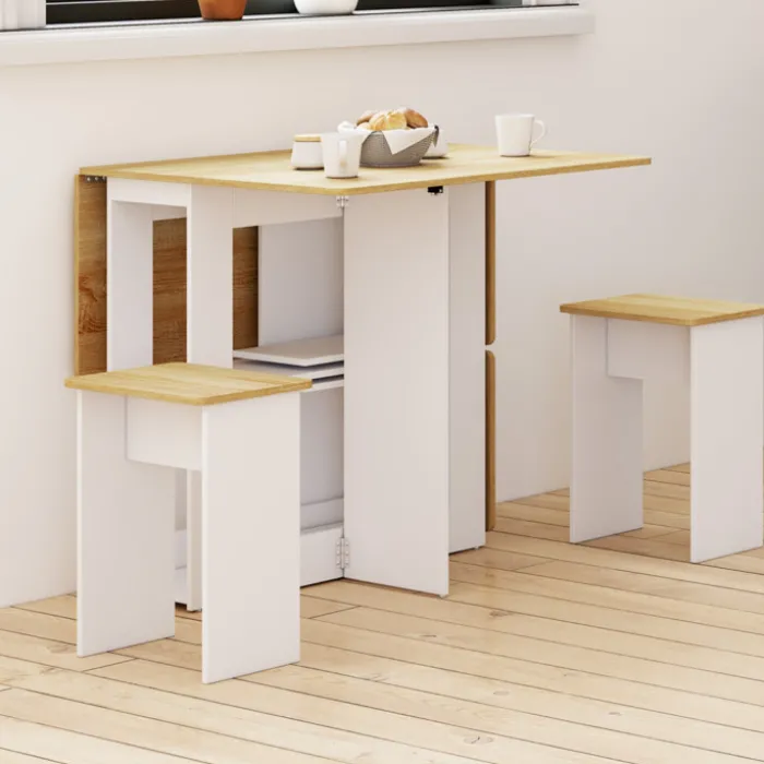 Ensemble table console pliable 2-4 personnes bois blanc et plateau façon hêtre avec 4 tabourets